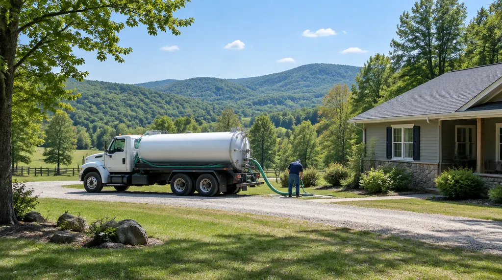 A septic pump truck parked beside a rural house in Greer, SC