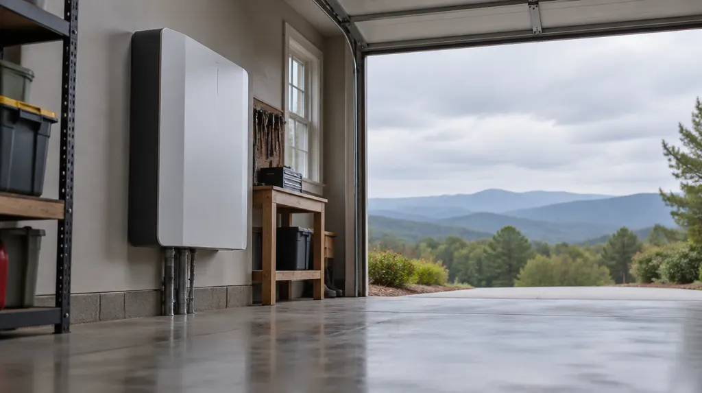 A home battery unit installed in a garage in Greer, SC