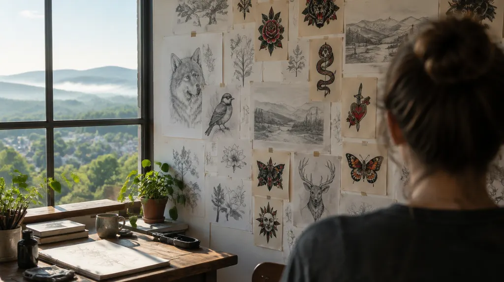 Sketches and flash art on a studio wall in Greer, SC