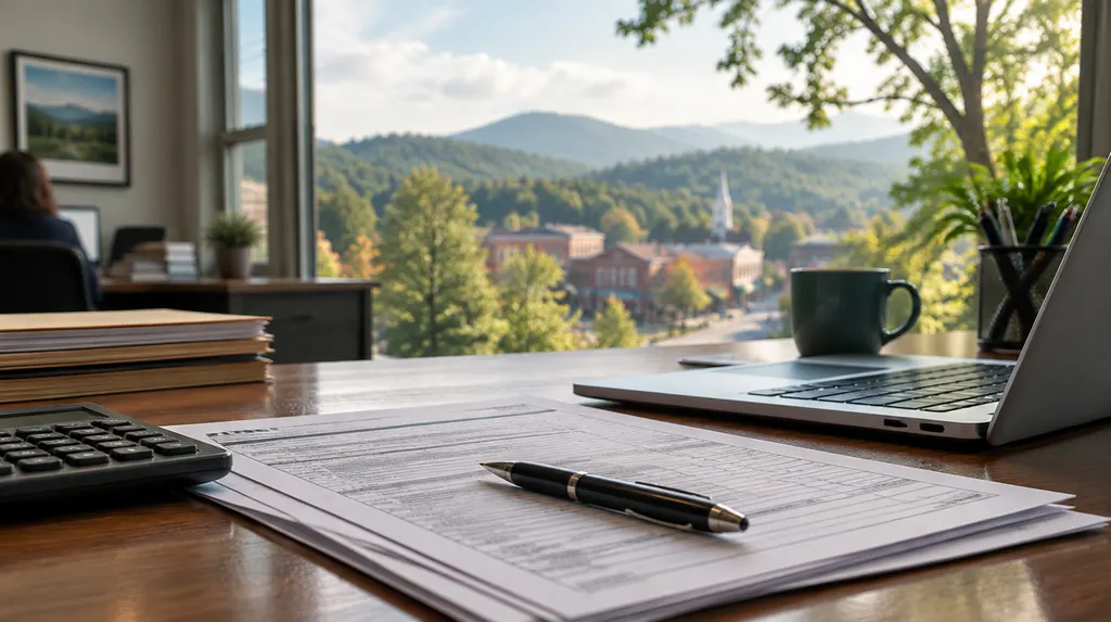 A tax office desk with forms and a laptop in Greer, SC