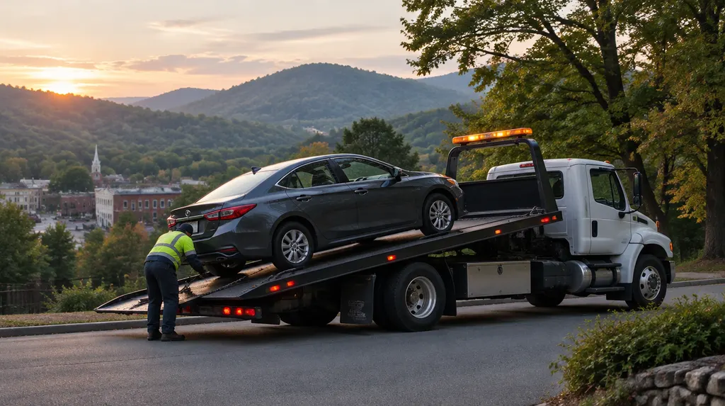 A flatbed tow truck loading a car at dusk in Greer, SC