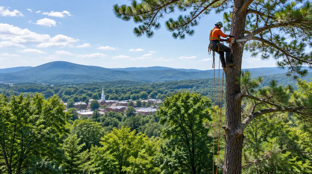An arborist in a harness trimming a tall pine in Greer, SC