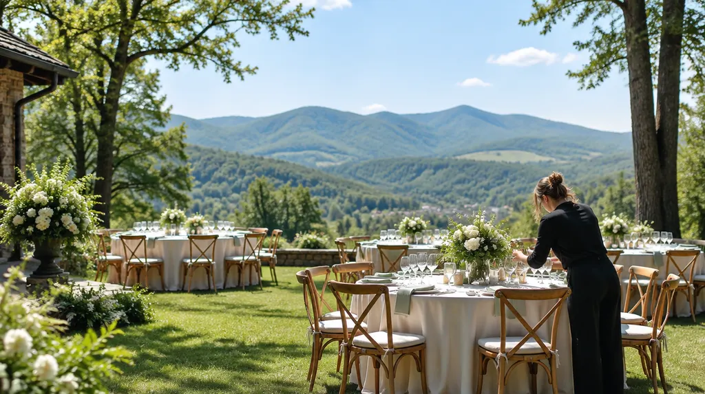 A wedding planner arranging a reception table in Greer, SC