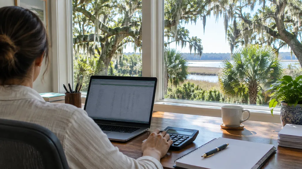 A tidy accounting office with a laptop and calculator in Hanahan, SC
