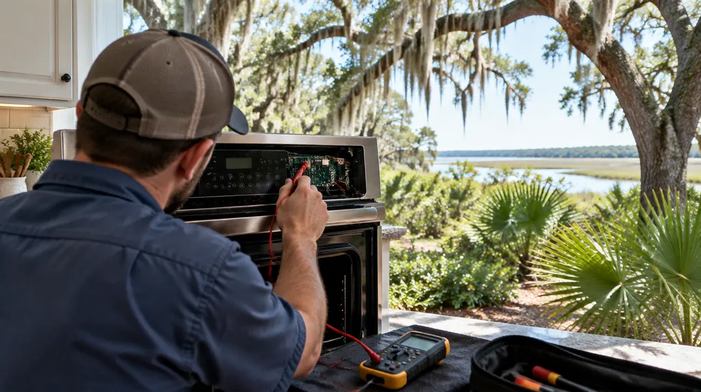 A repair tech testing an oven control panel in Hanahan, SC