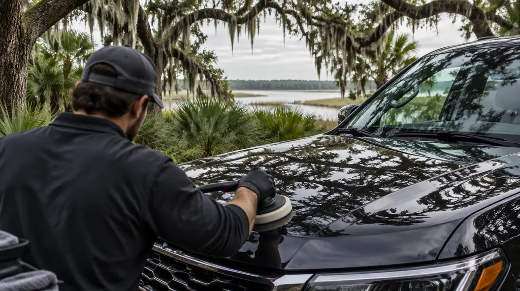 A detailer polishing the glossy hood of a dark SUV in Hanahan, SC
