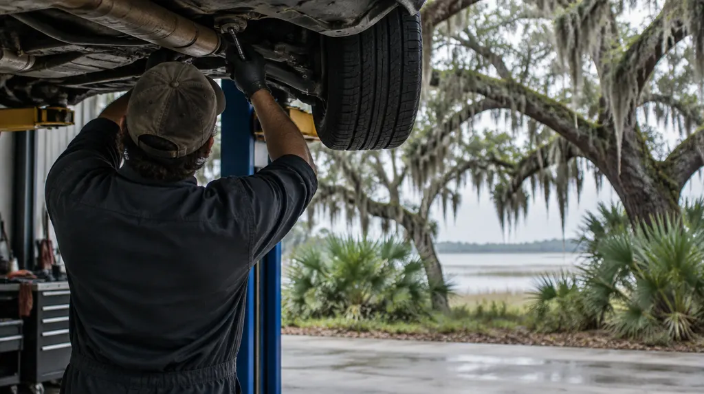 A mechanic working under a car on a lift in Hanahan, SC