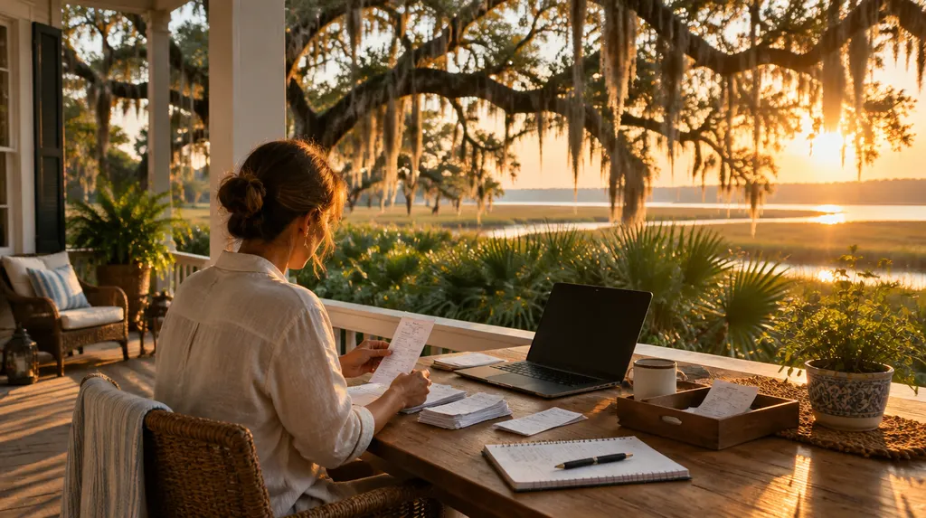 A bookkeeper organizing receipts and a laptop in Hanahan, SC