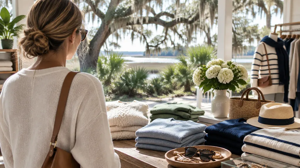 Folded sweaters and accessories on a boutique table in Hanahan, SC