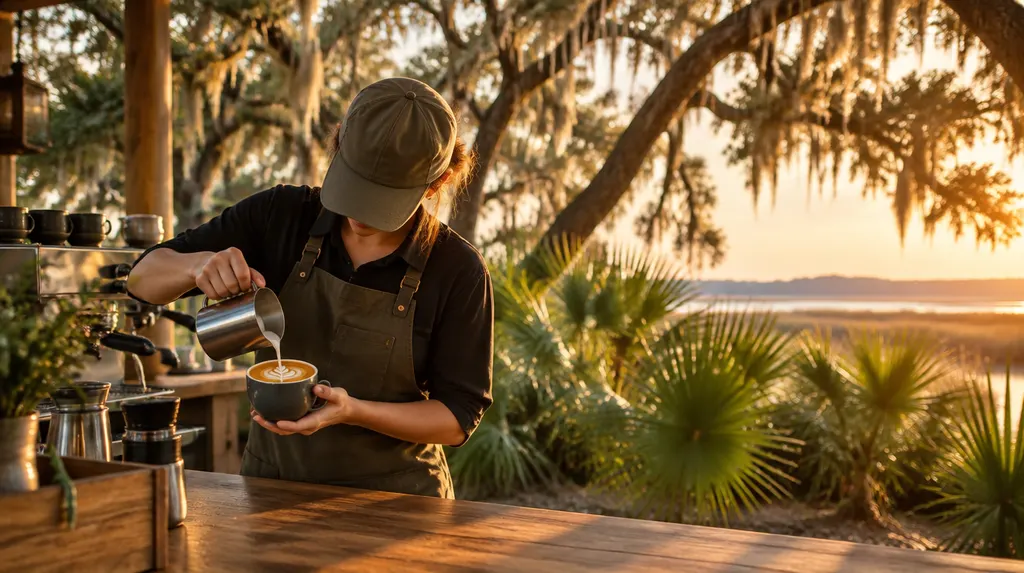A barista pouring latte art in Hanahan, SC