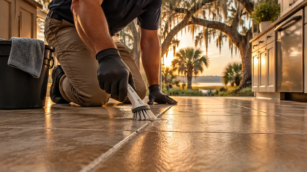 A technician cleaning tile grout on a kitchen floor in Hanahan, SC