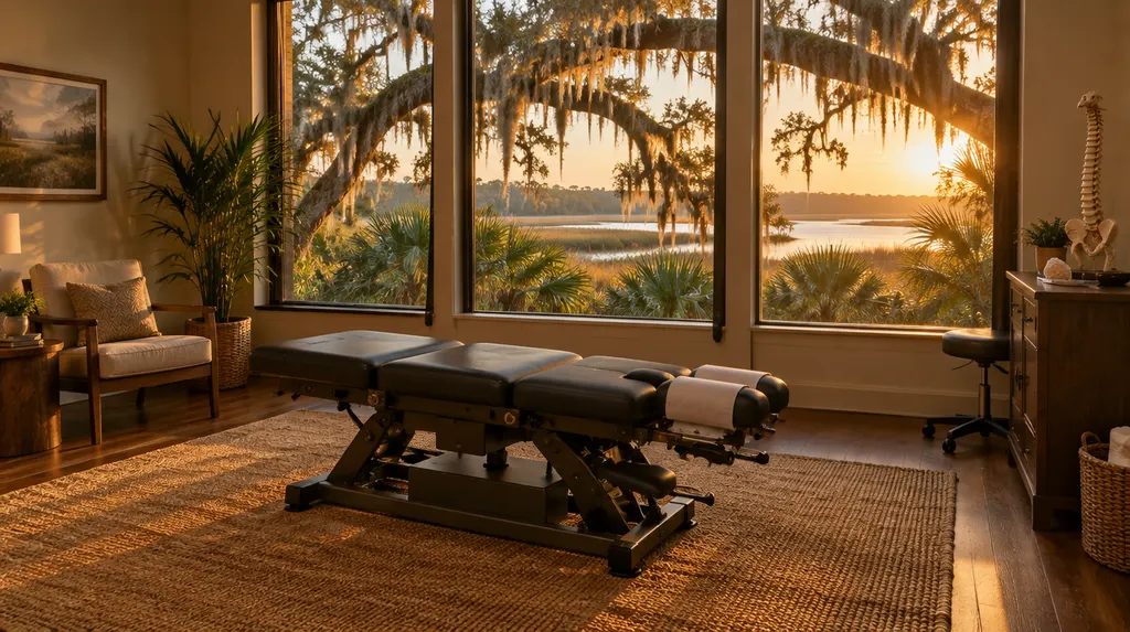 A chiropractic treatment room with an adjusting table in Hanahan, SC