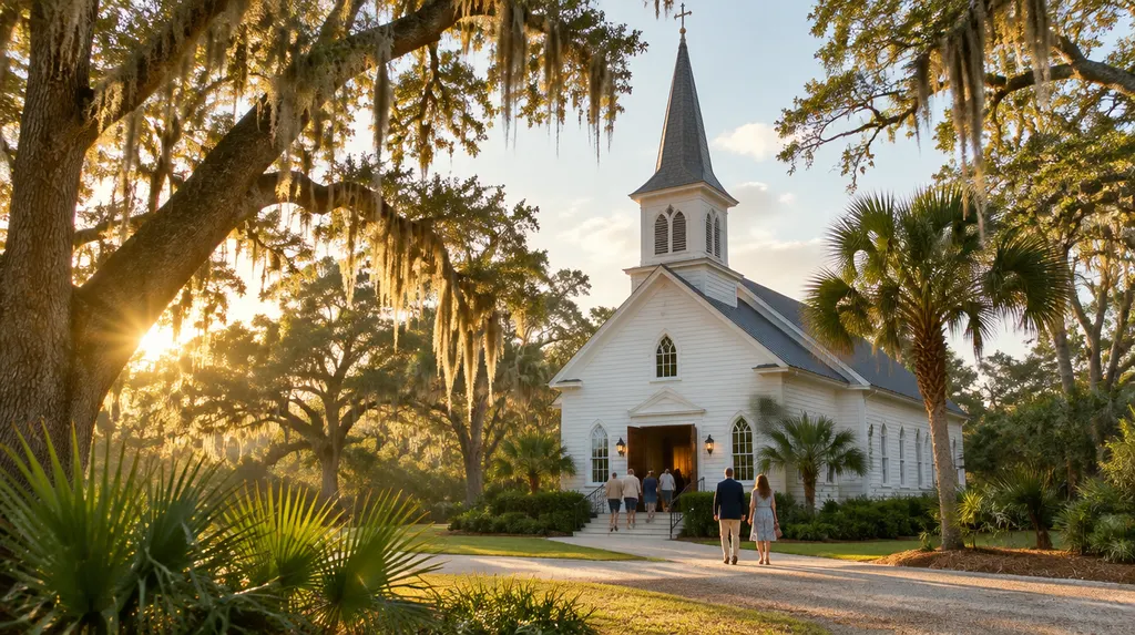 A welcoming white church on a sunny Sunday morning in Hanahan, SC