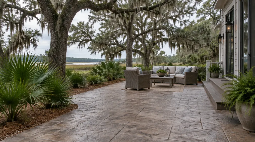 A finished stamped concrete patio beside a house in Hanahan, SC