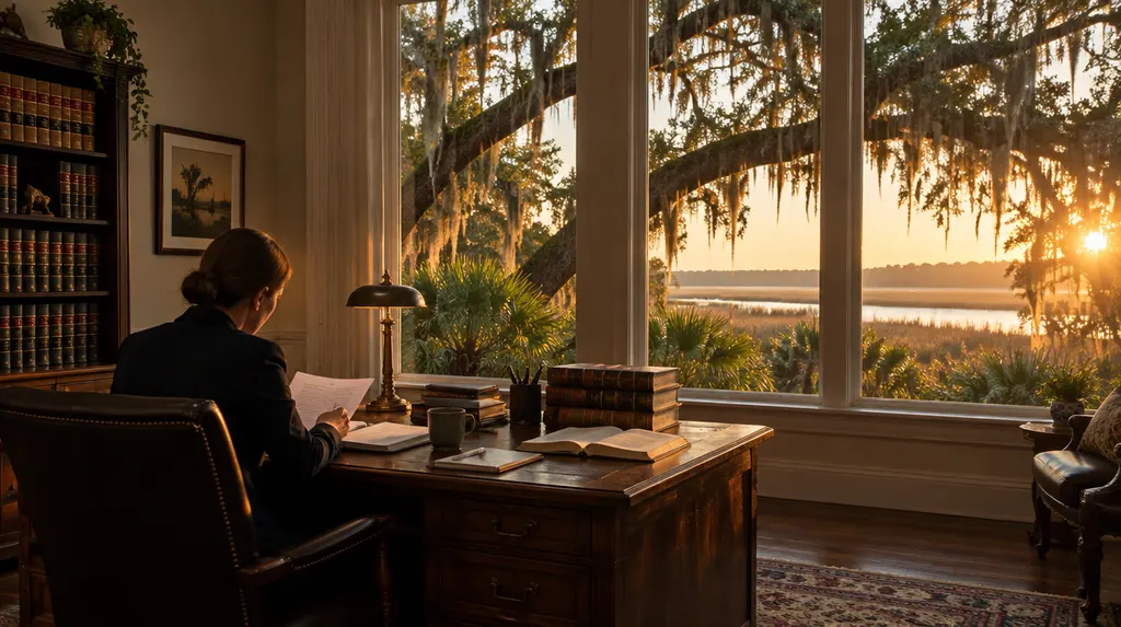 A defense attorney preparing at a desk with law books in Hanahan, SC