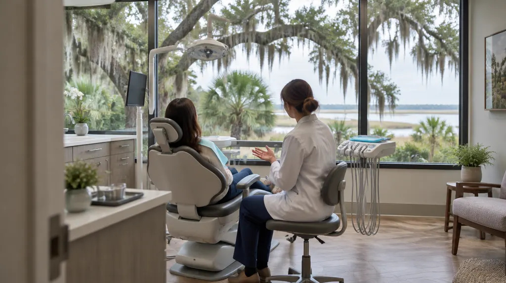 A dentist talking with a patient in a dental chair in Hanahan, SC