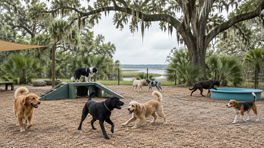 Dogs playing in a doggy daycare play area in Hanahan, SC