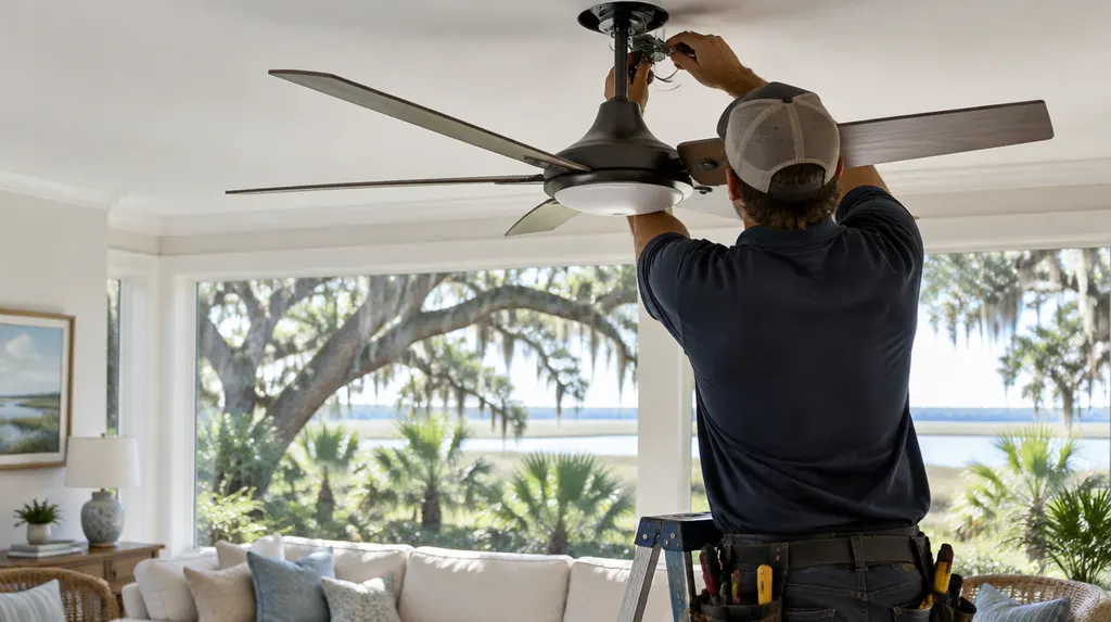 An electrician hanging a modern ceiling fan in a living room in Hanahan, SC