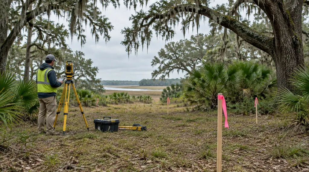 Survey stakes and equipment on a new lot in Hanahan, SC