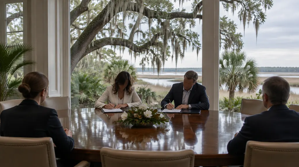 Signing documents at a polished conference table in Hanahan, SC