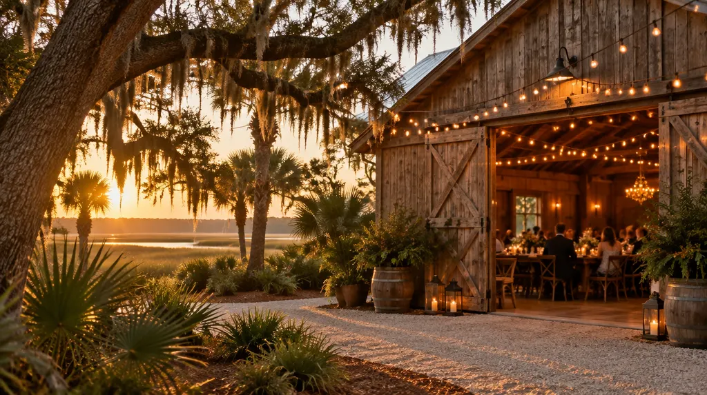 A rustic barn venue with string lights in Hanahan, SC