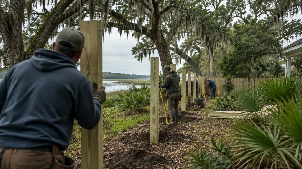 A crew setting posts for a new wood privacy fence in Hanahan, SC