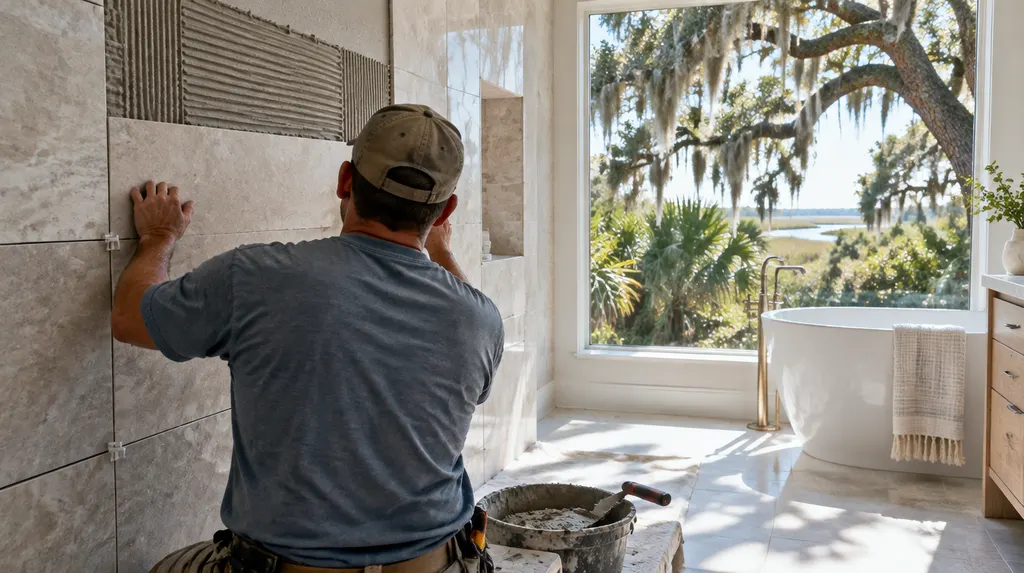 A tile setter placing large tiles in a bathroom in Hanahan, SC