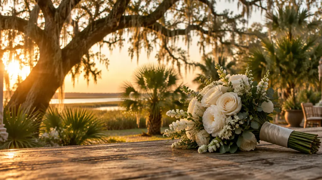 A bridal bouquet on a rustic table in Hanahan, SC