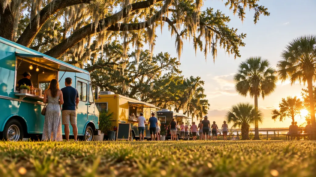 Food trucks parked at a sunny outdoor festival in Hanahan, SC