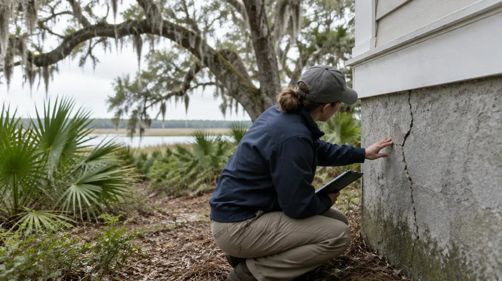 A specialist examining a crack in a foundation wall in Hanahan, SC