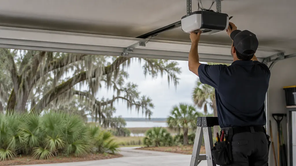 A technician adjusting a garage door opener on the ceiling in Hanahan, SC