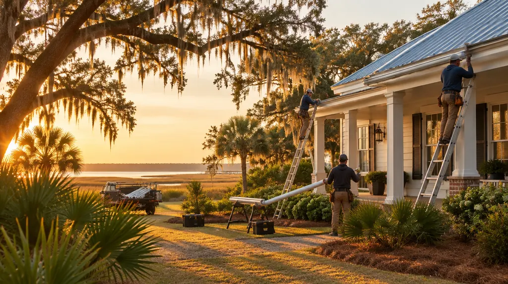 A crew installing seamless gutters on a house in Hanahan, SC