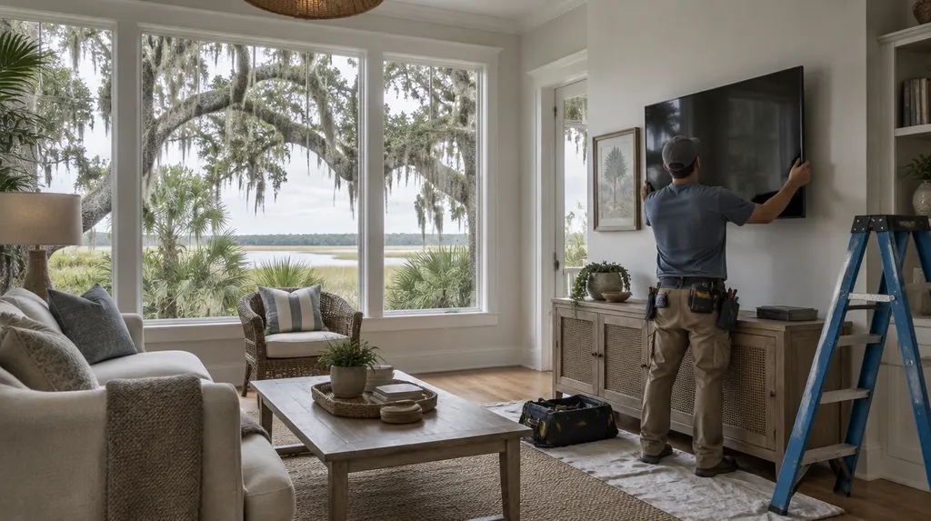 A handyman mounting a TV on a living room wall in Hanahan, SC