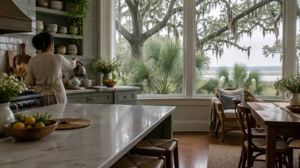 A caregiver preparing tea in a cozy kitchen in Hanahan, SC