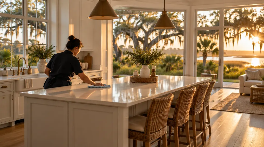 A house cleaner wiping a bright kitchen island in Hanahan, SC
