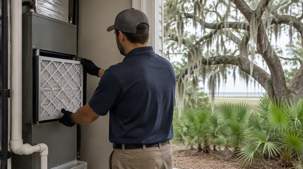 A technician replacing an air filter in an indoor air handler in Hanahan, SC