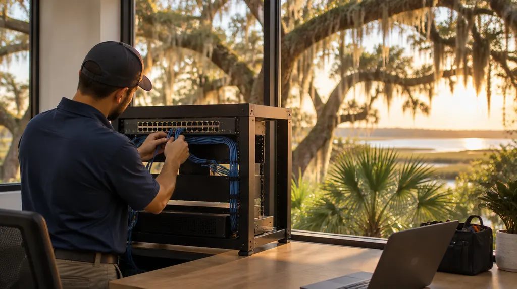 A technician setting up a network switch in an office in Hanahan, SC