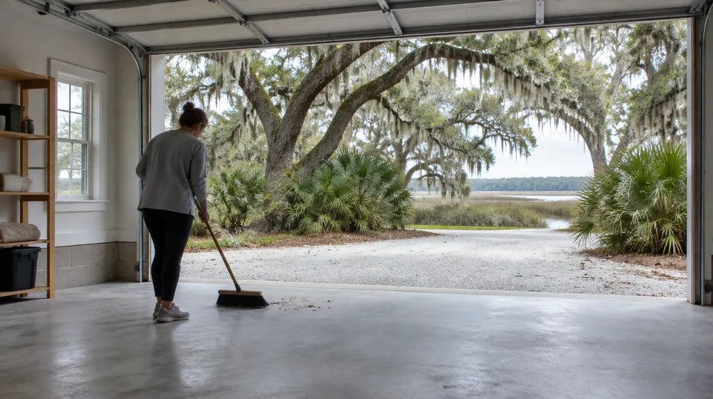 A cleared-out garage being swept in Hanahan, SC