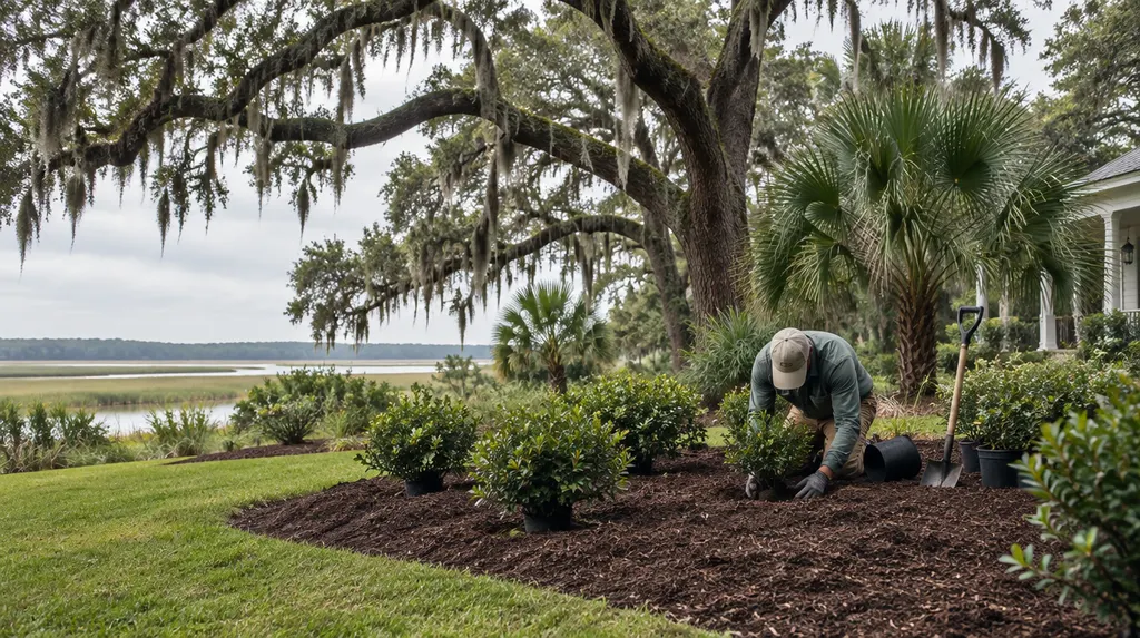 A landscaper planting shrubs in a fresh mulch bed in Hanahan, SC