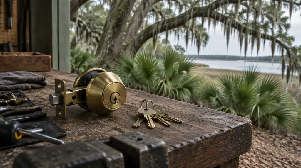 A new brass deadbolt lock and a set of keys on a locksmith’s workbench in Hanahan, SC