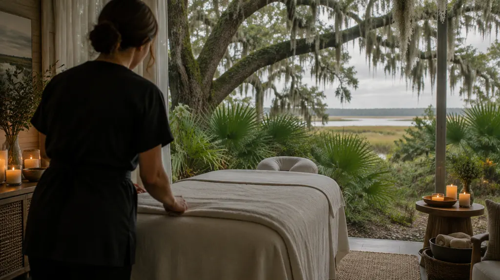 A calm massage room with a draped table and candles in Hanahan, SC