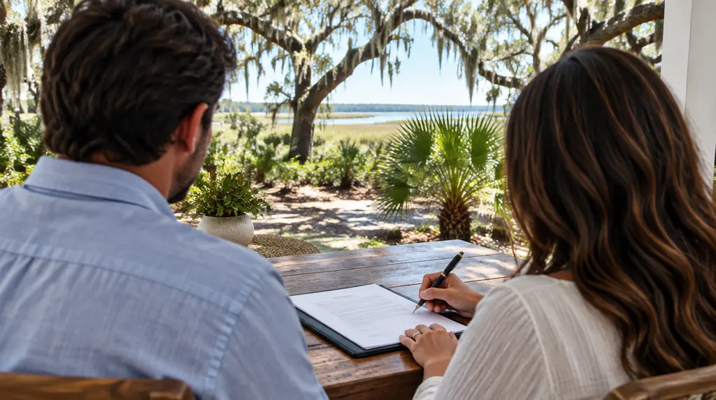 A couple signing loan papers at a table in Hanahan, SC