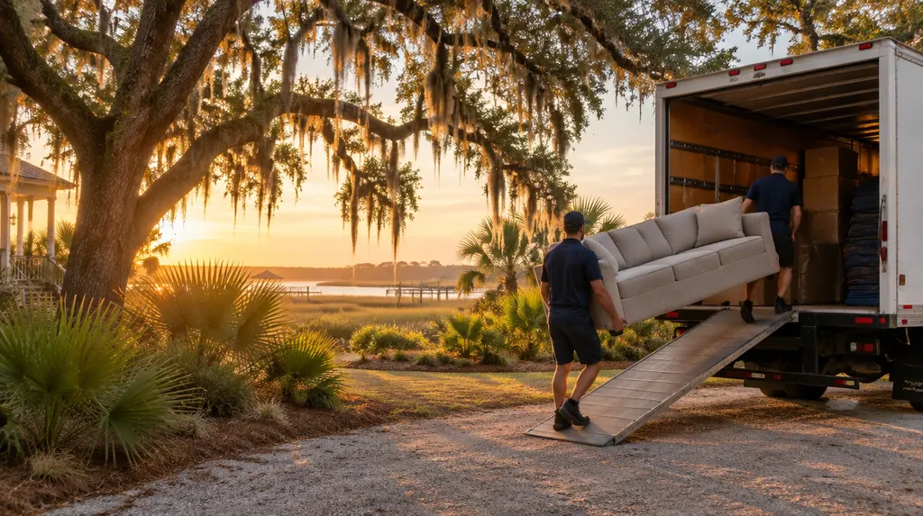 Movers carrying a sofa into a moving truck in Hanahan, SC