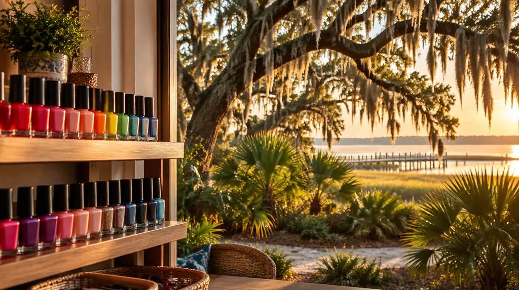 Colorful nail polish bottles on a shelf in Hanahan, SC