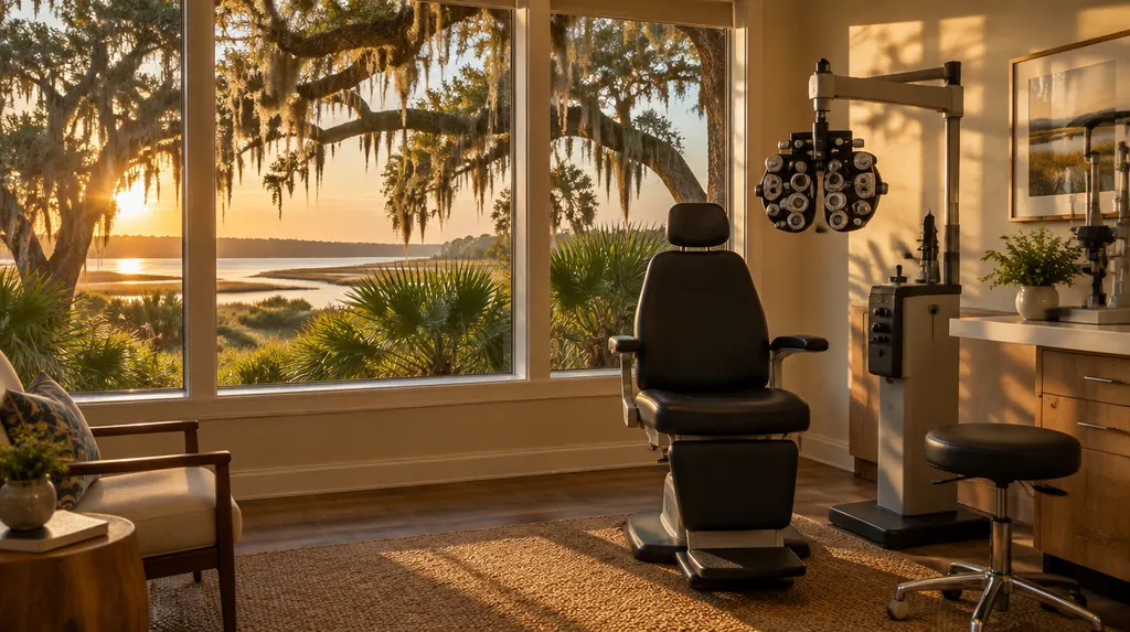 An optometry exam room with a phoropter in Hanahan, SC