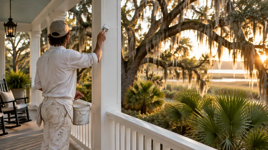 A painter brushing white trim on a porch in Hanahan, SC