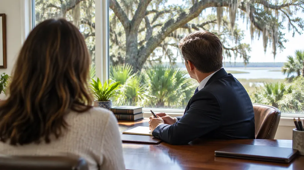 An attorney meeting a client across a desk in Hanahan, SC