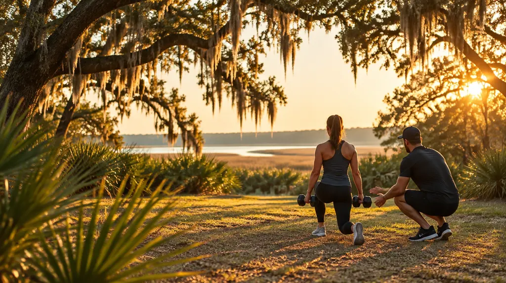 A personal trainer coaching a client with dumbbells in Hanahan, SC