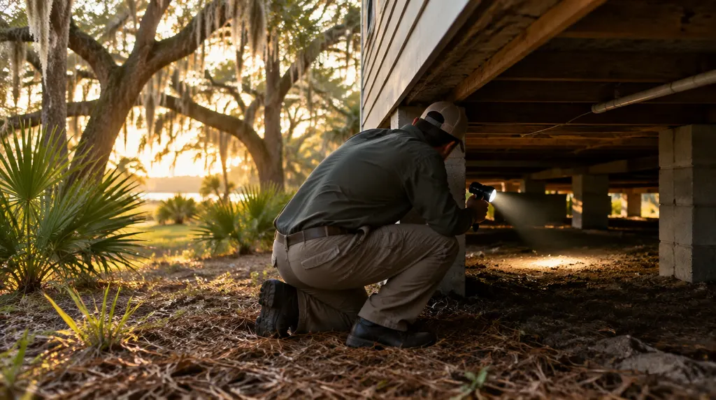 A technician inspecting a crawl space with a flashlight in Hanahan, SC