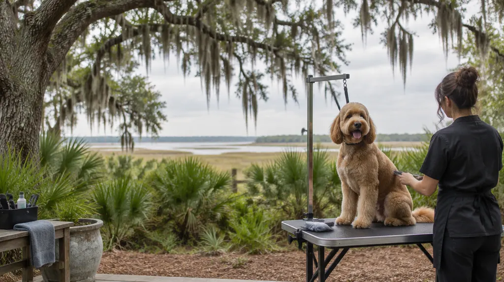 A freshly groomed dog on a grooming table in Hanahan, SC